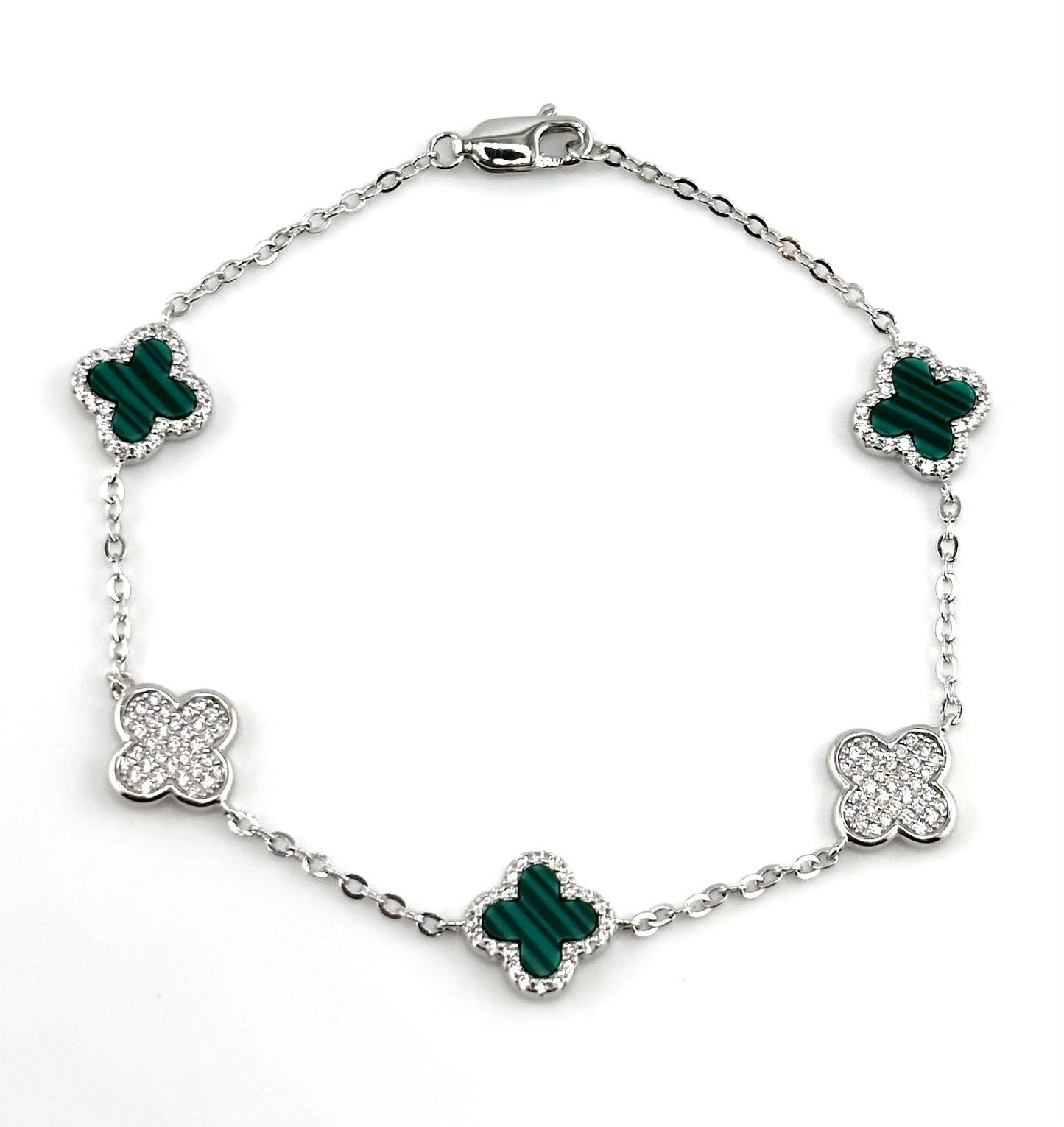 925 Sterling Silver Green Malachite Clover Bracelet