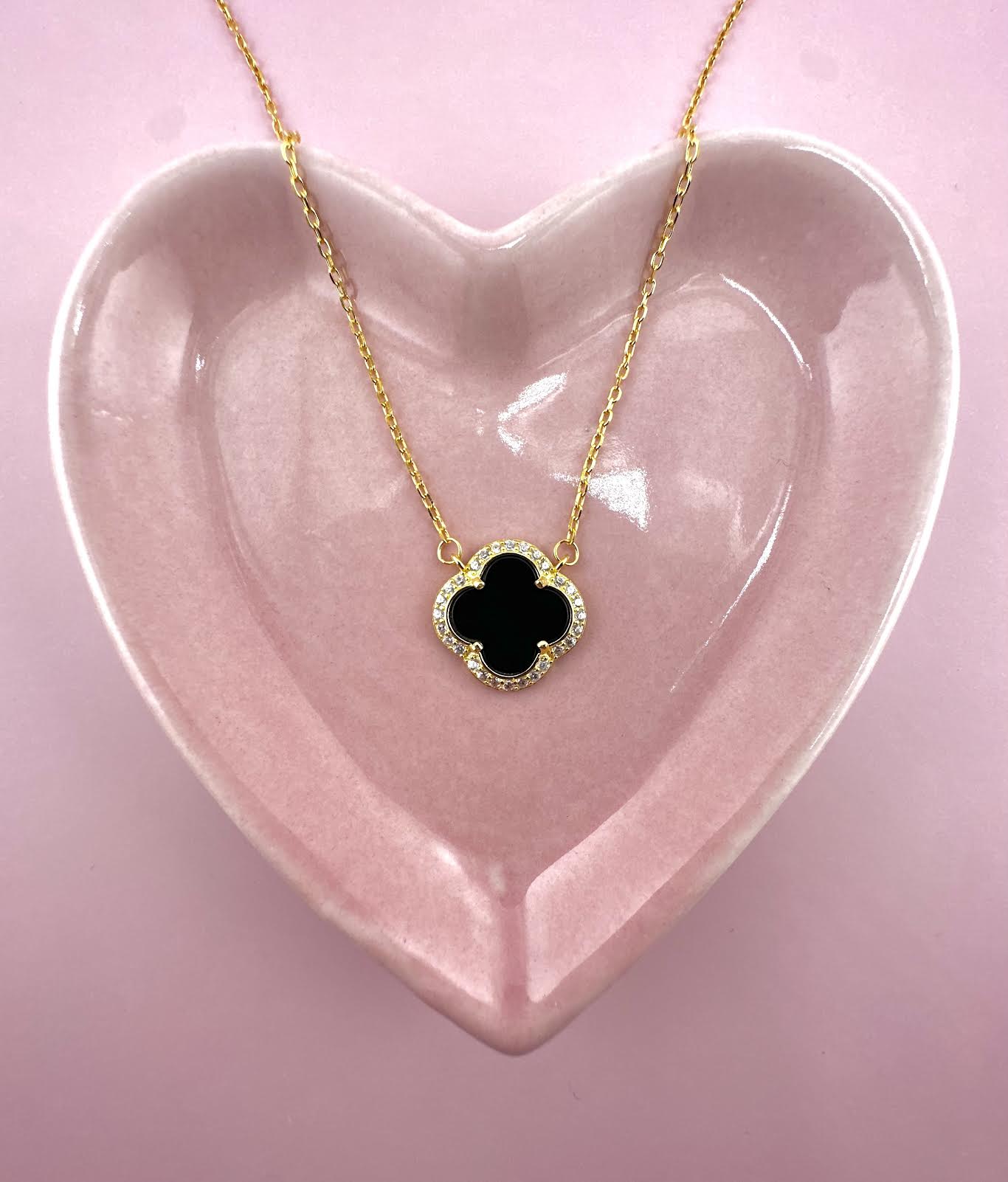 18K Gold Plated Over 925 Sterling Silver Black Clover Necklace