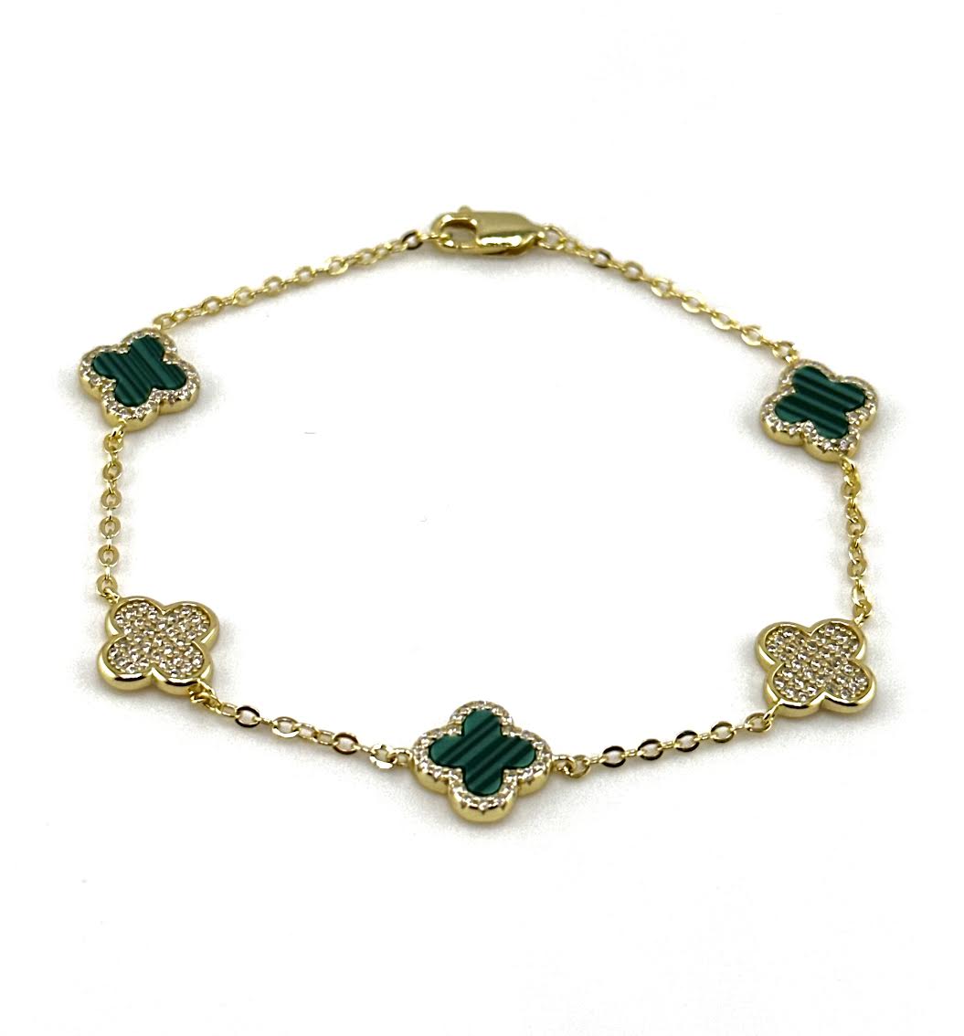 925 Sterling Silver Green Malachite Clover Bracelet