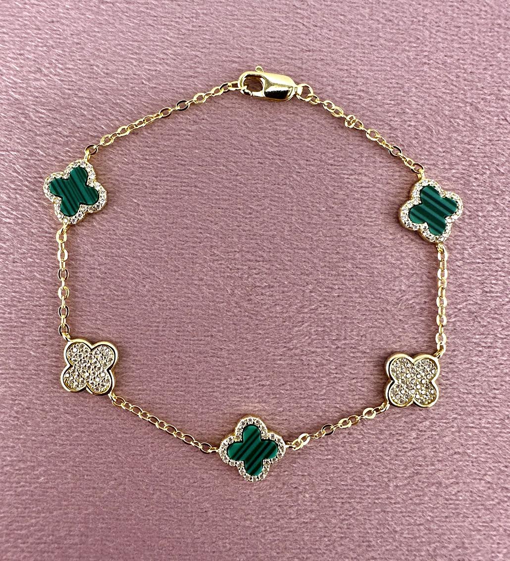 925 Sterling Silver Green Malachite Clover Bracelet
