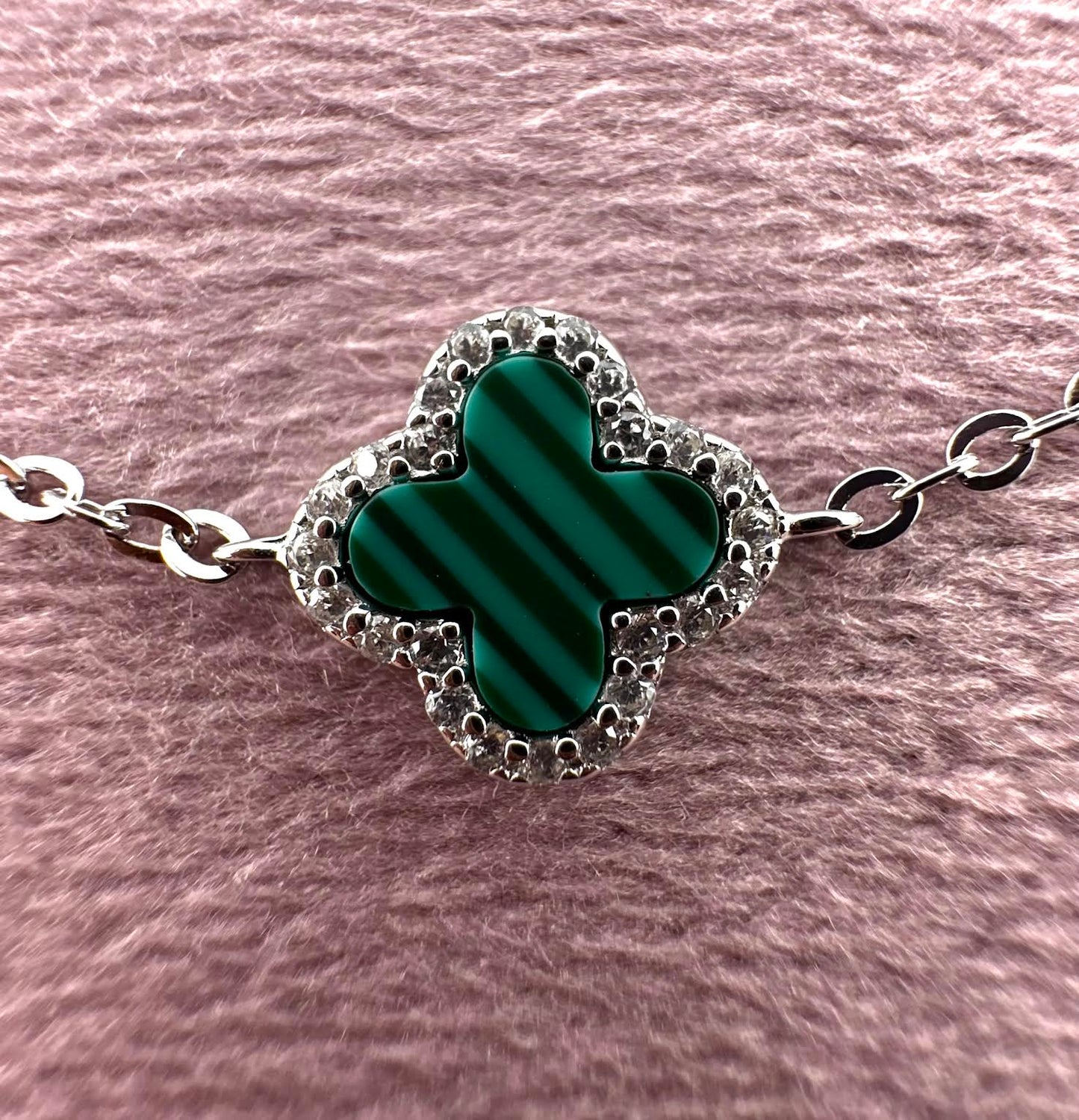 925 Sterling Silver Green Malachite Clover Bracelet