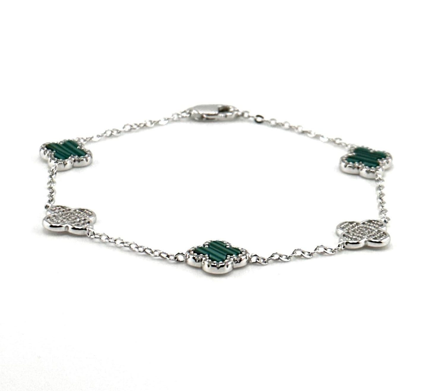 925 Sterling Silver Green Malachite Clover Bracelet