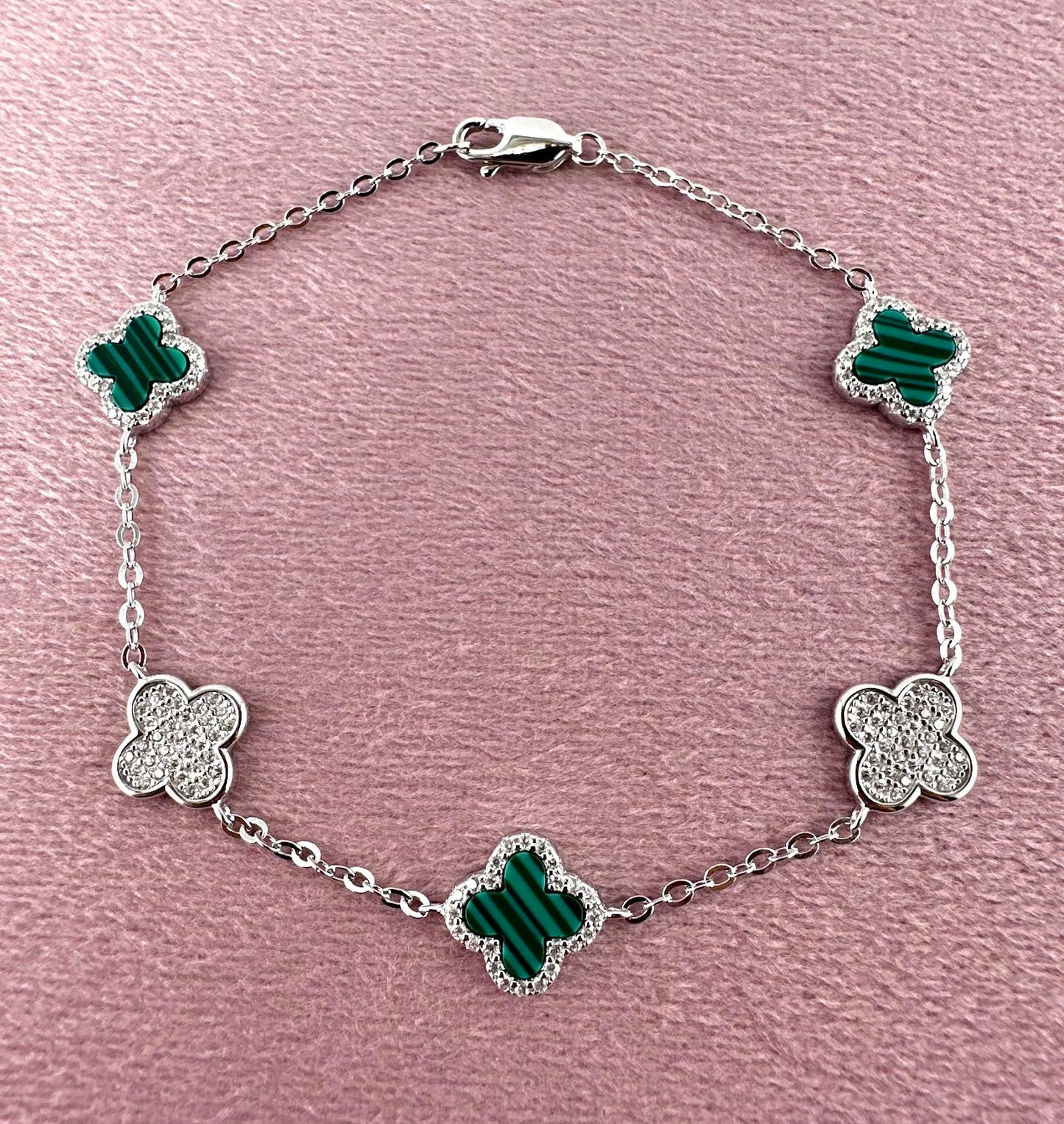 925 Sterling Silver Green Malachite Clover Bracelet