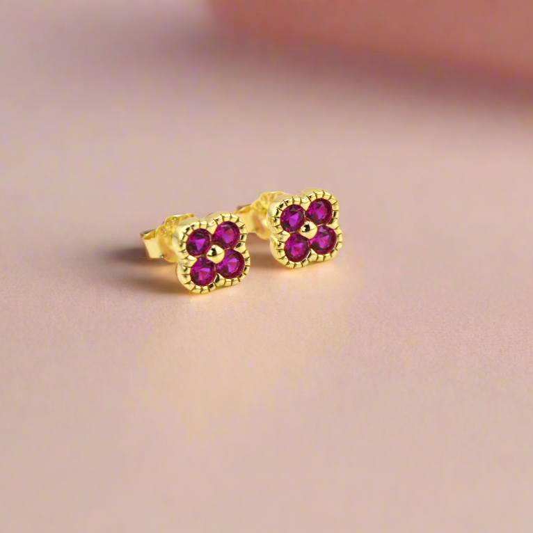 18K Gold Over 925 Sterling Silver Dainty Four Leaf Clover Fushia CZ Stud Earrings