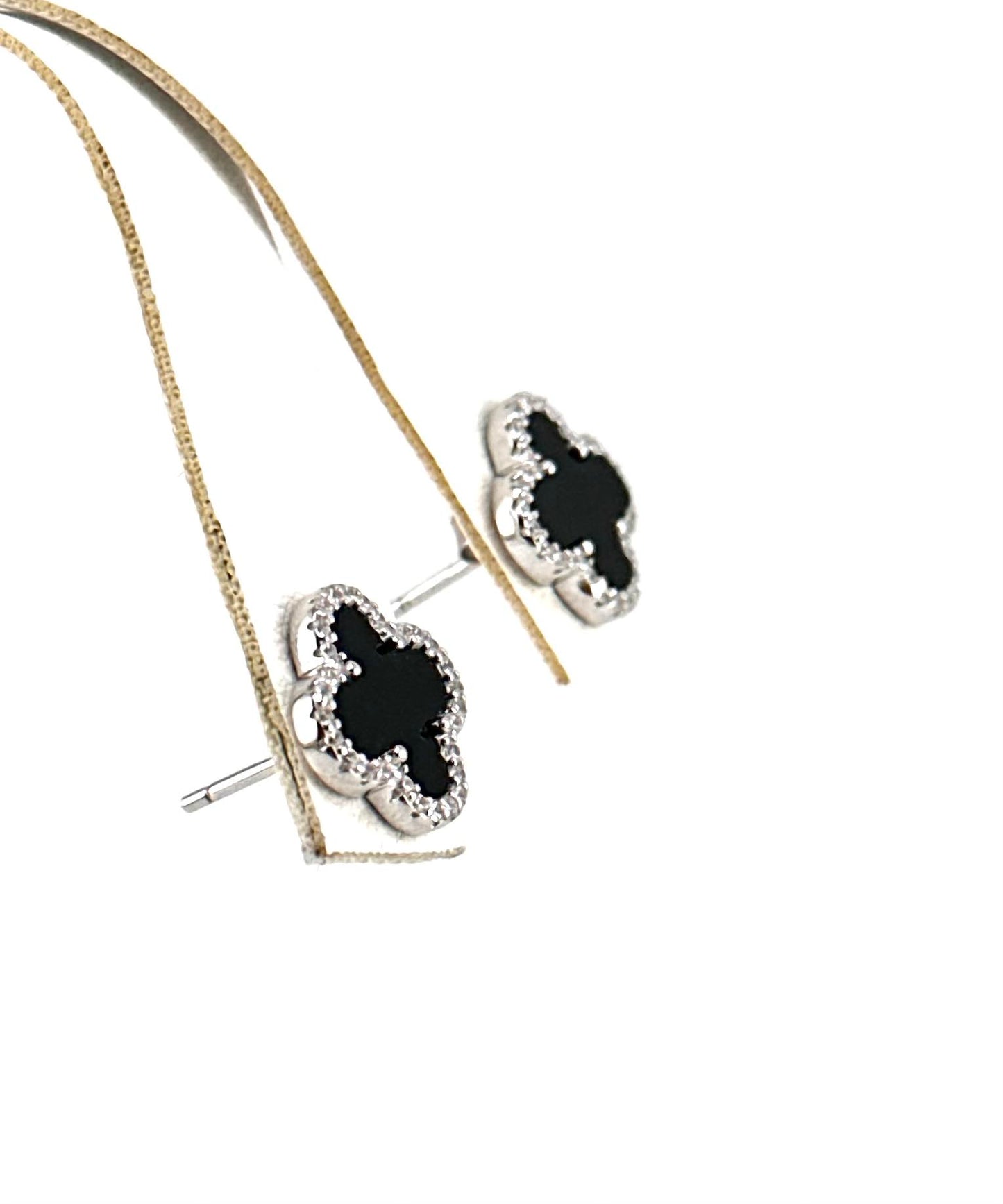 18K Gold Plated Over 925 Sterling Silver Black Clover Stud Earrings