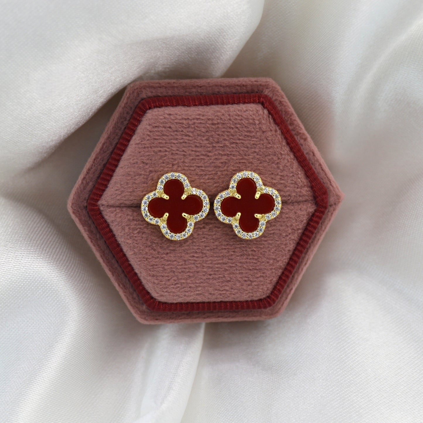 925 Sterling Silver Marron Red Enclosed Clover Stud Earrings
