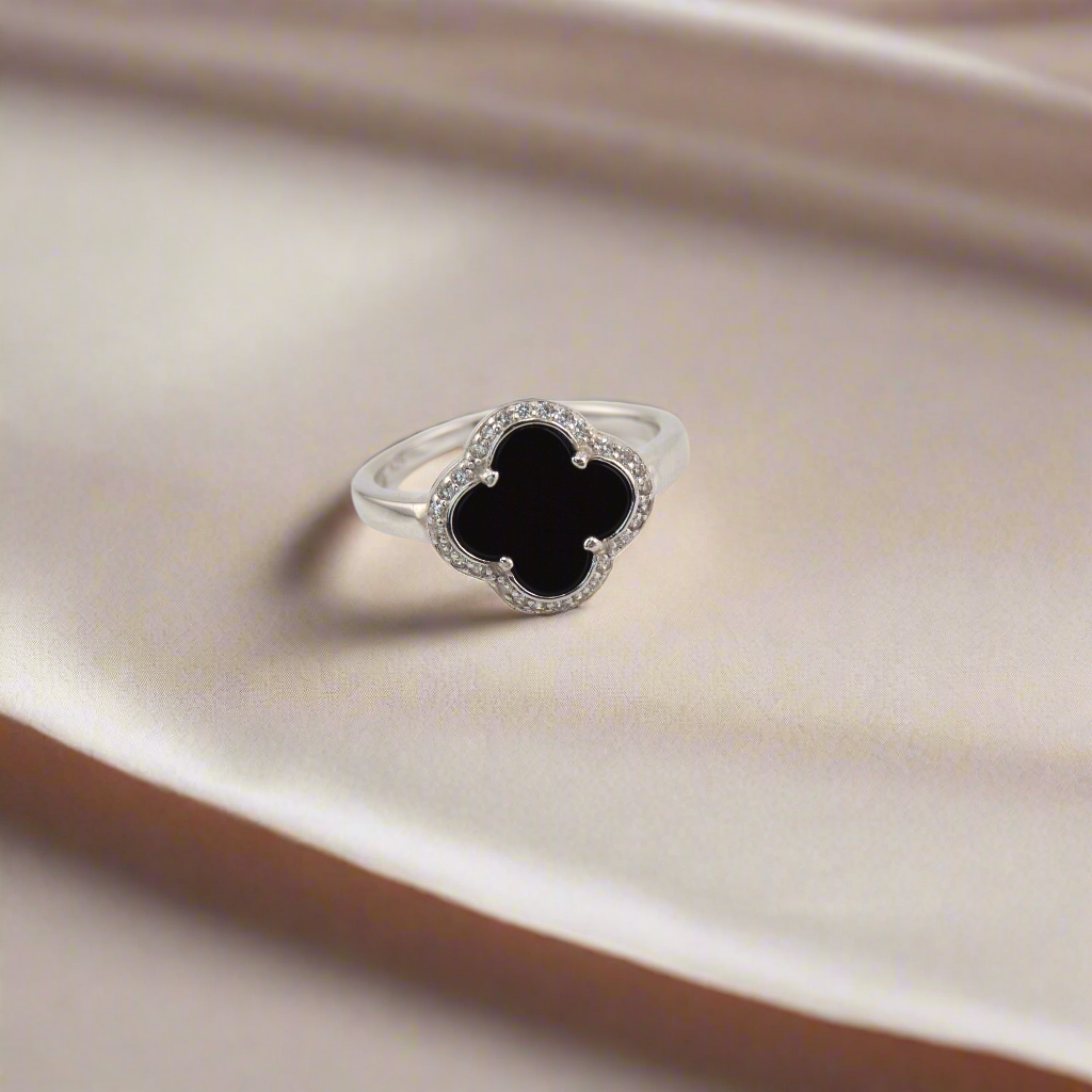 925 Sterling Silver Black Clover Ring