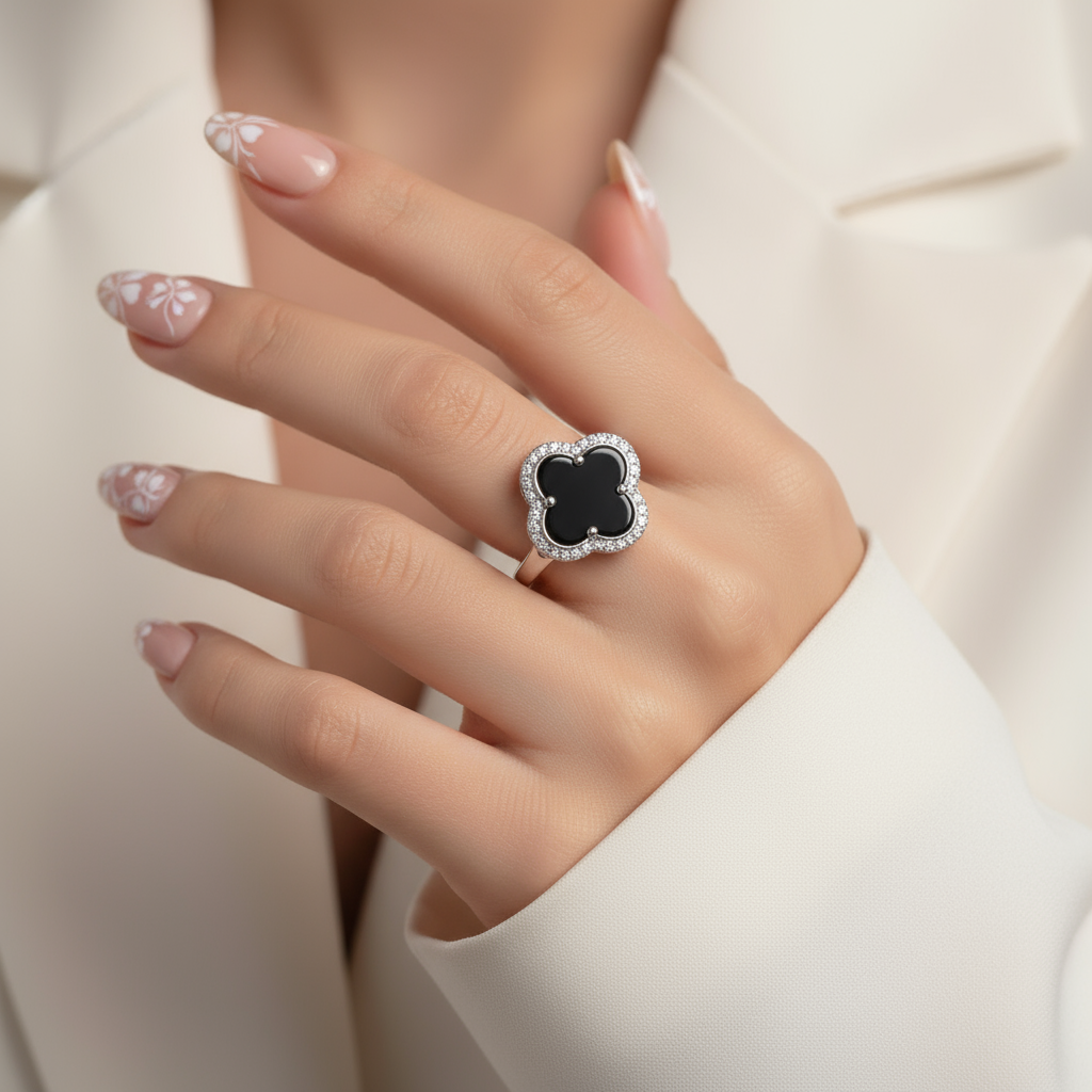 925 Sterling Silver Black Clover Ring