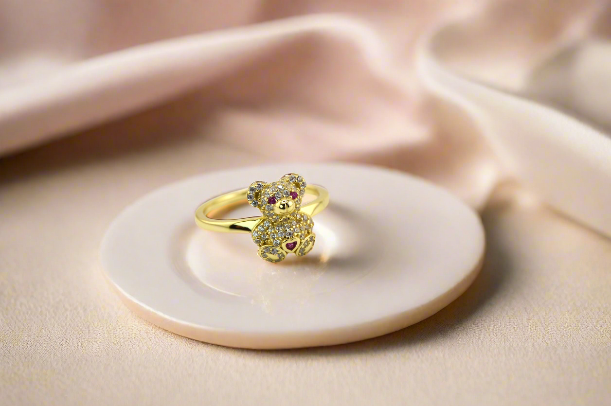 18K Gold Plated over 925 Sterling Silver Teddy Bear Pink Heart Ring