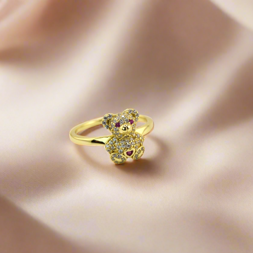 18K Gold Plated over 925 Sterling Silver Teddy Bear Pink Heart Ring