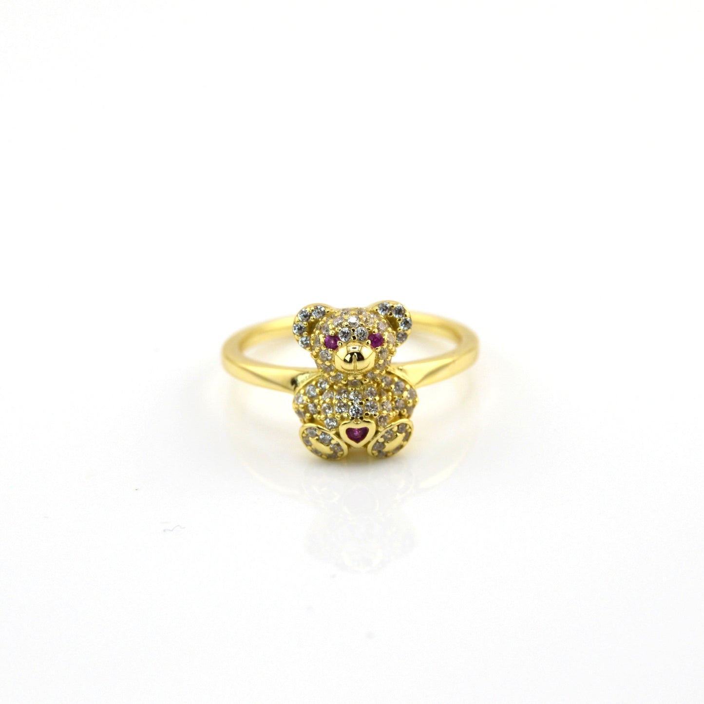 18K Gold Plated over 925 Sterling Silver Teddy Bear Pink Heart Ring