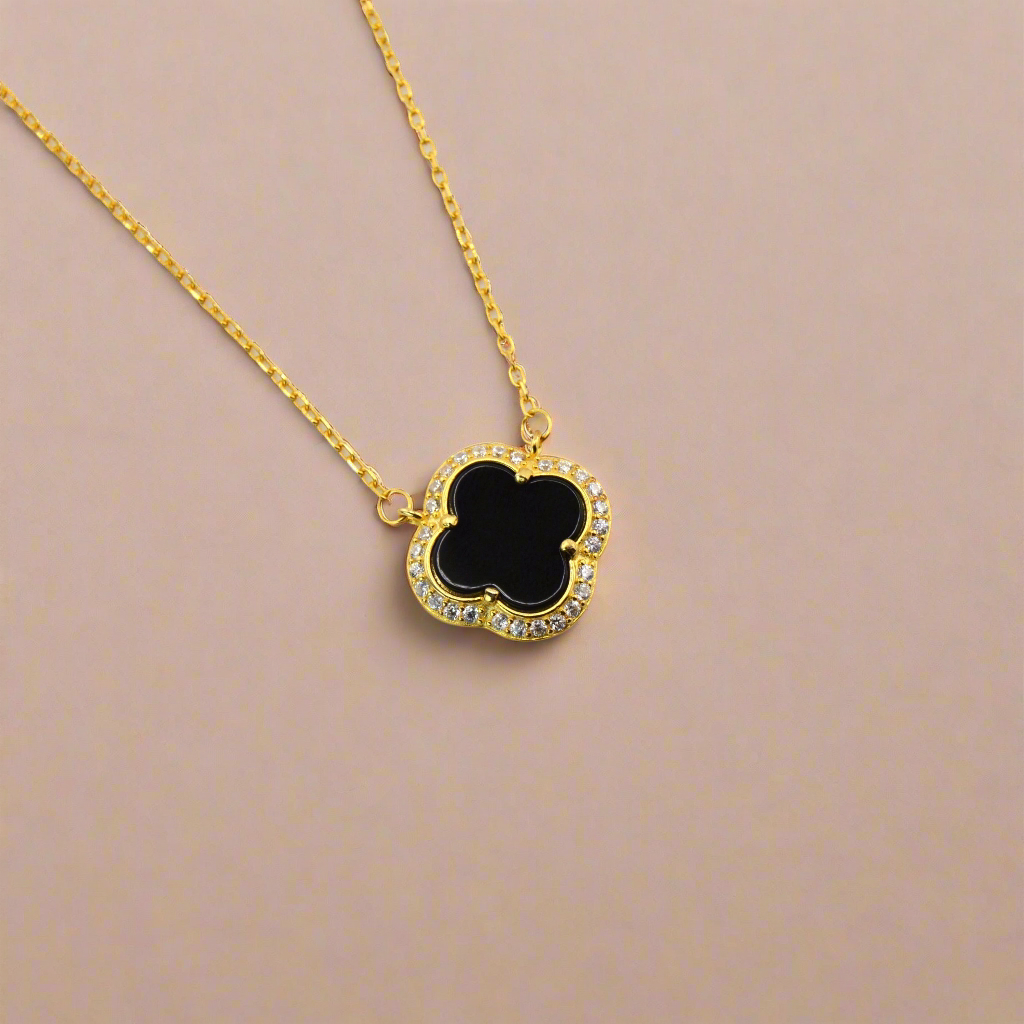 18K Gold Plated Over 925 Sterling Silver Black Clover Necklace
