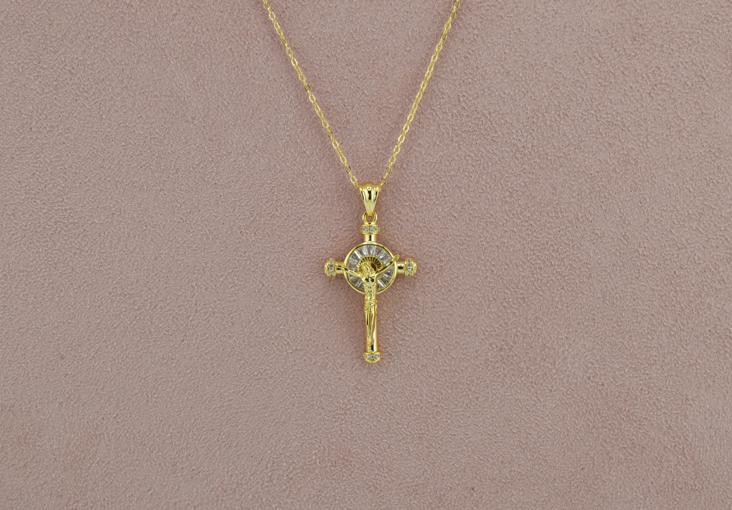 18K Gold Plated over 925 Sterling Silver Jesus in the Cross CZ Necklace