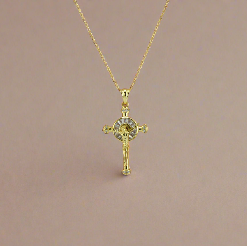 18K Gold Plated over 925 Sterling Silver Jesus in the Cross CZ Necklace