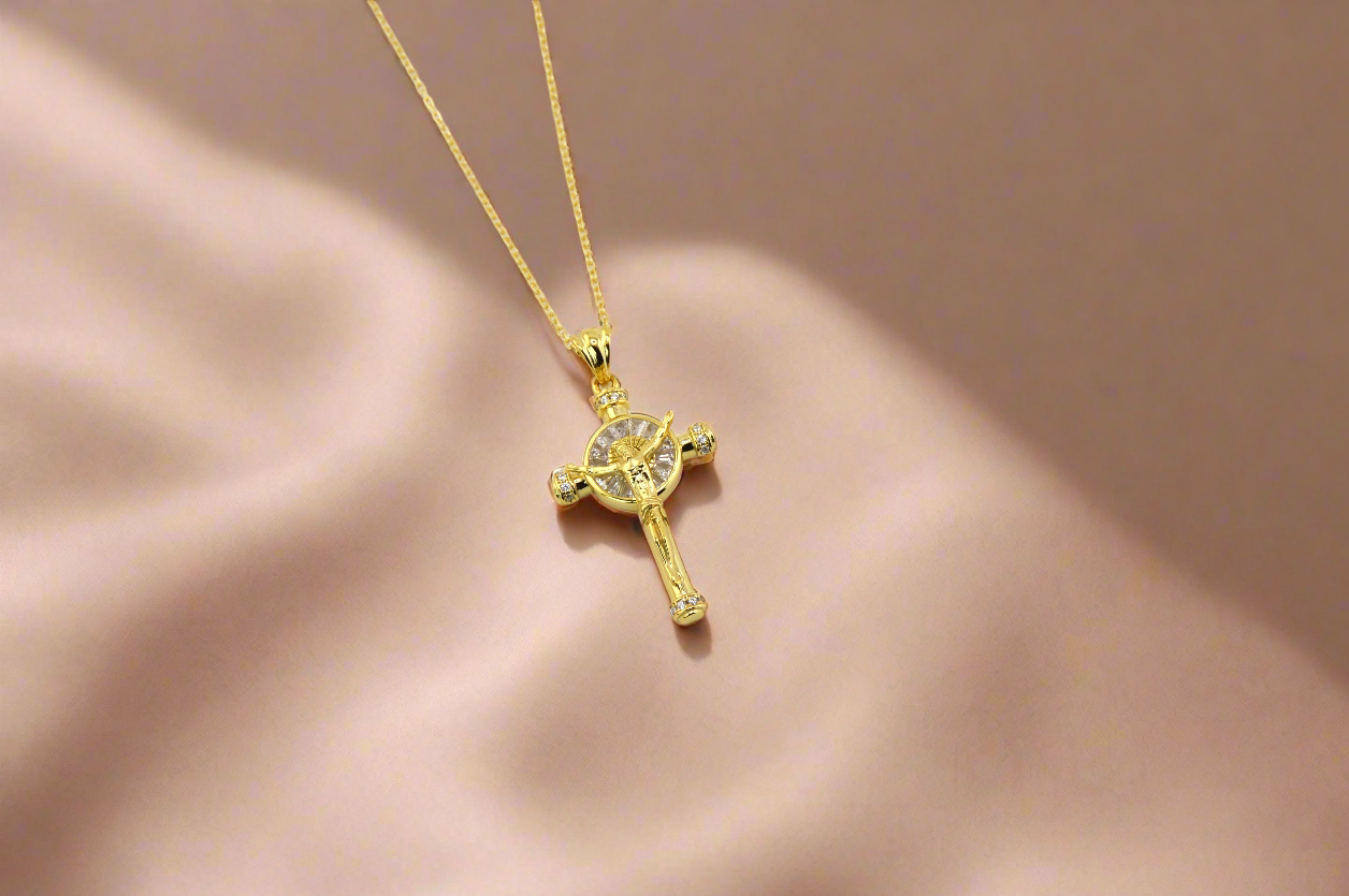 18K Gold Plated over 925 Sterling Silver Jesus in the Cross CZ Necklace