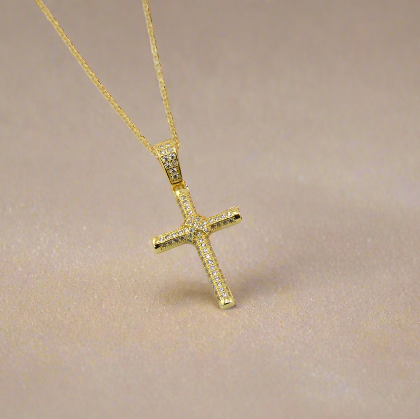 18K Gold Plated Over 925 Sterling Silver Cross CZ Necklace