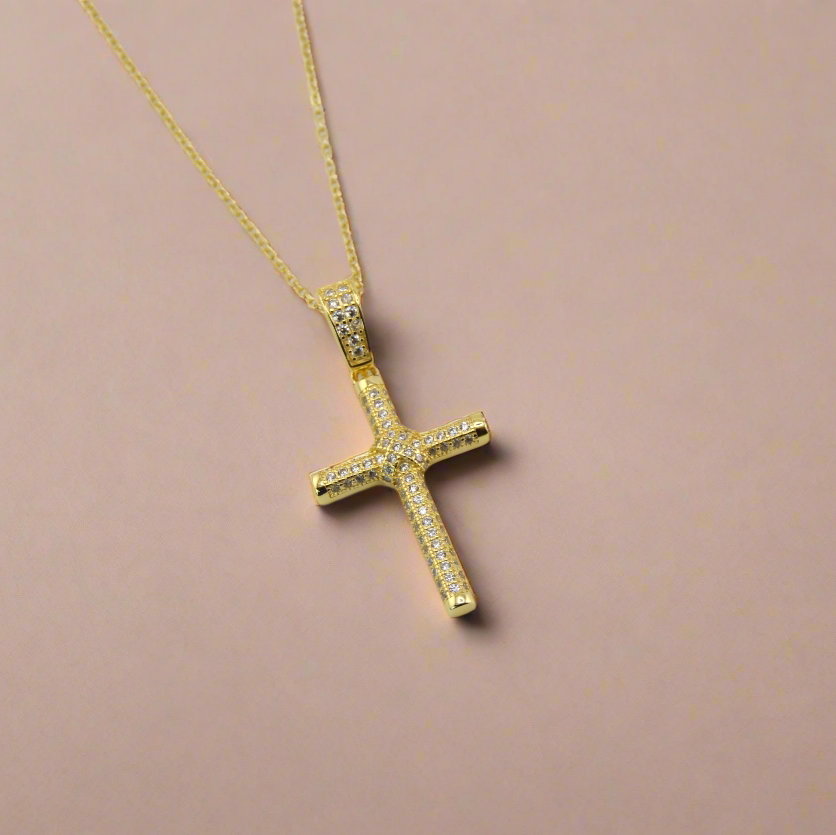 18K Gold Plated Over 925 Sterling Silver Cross CZ Necklace