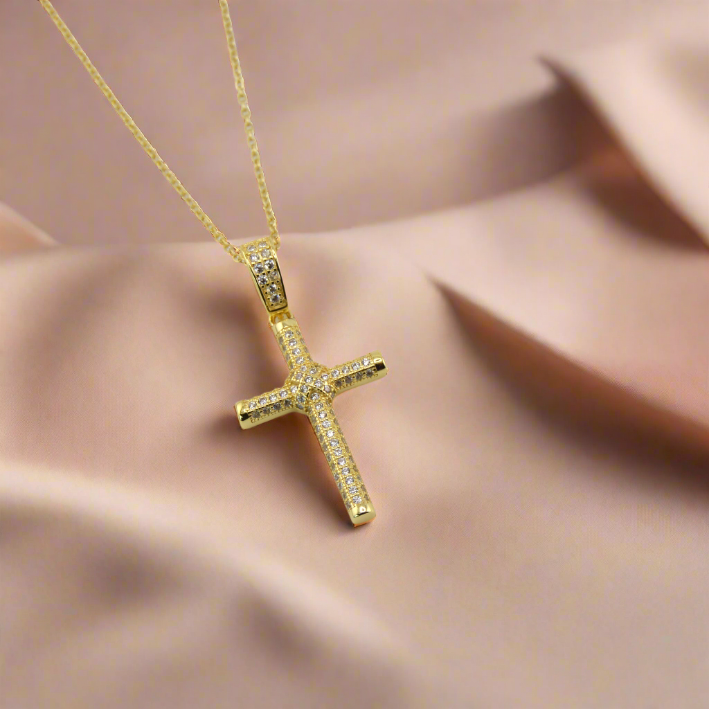 18K Gold Plated Over 925 Sterling Silver Cross CZ Necklace