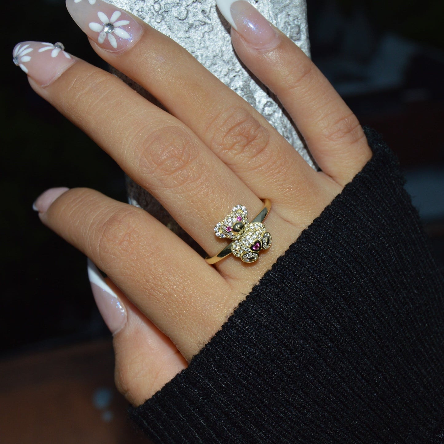18K Gold Plated over 925 Sterling Silver Teddy Bear Pink Heart Ring