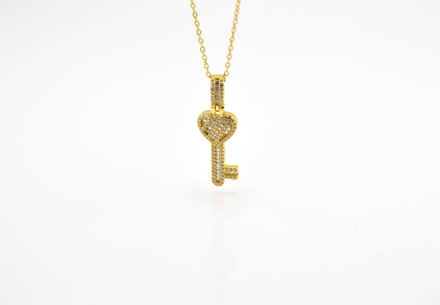 18K Gold Plated Over 925 Sterling Silver Heart Key CZ Necklace