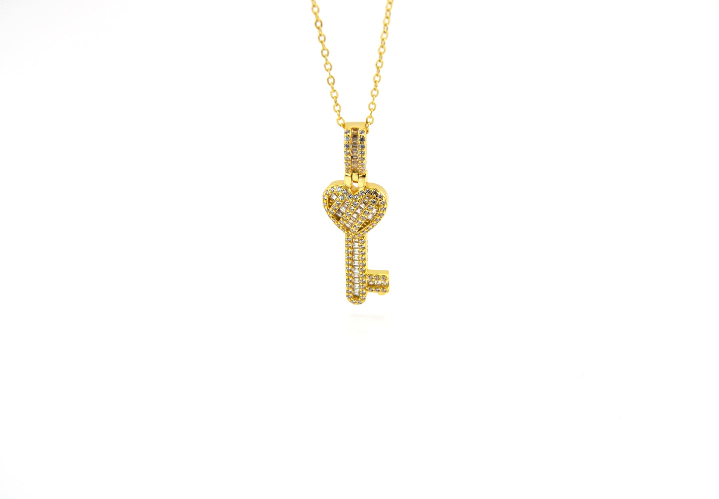 18K Gold Plated Over 925 Sterling Silver Heart Key CZ Necklace