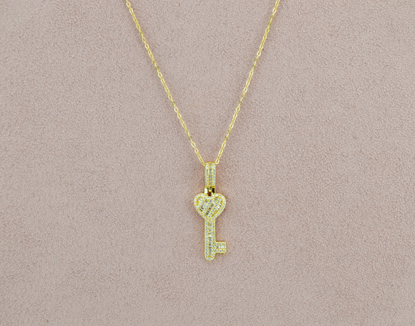 18K Gold Plated Over 925 Sterling Silver Heart Key CZ Necklace