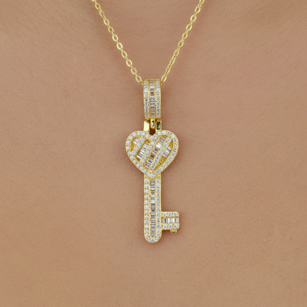 18K Gold Plated Over 925 Sterling Silver Heart Key CZ Necklace
