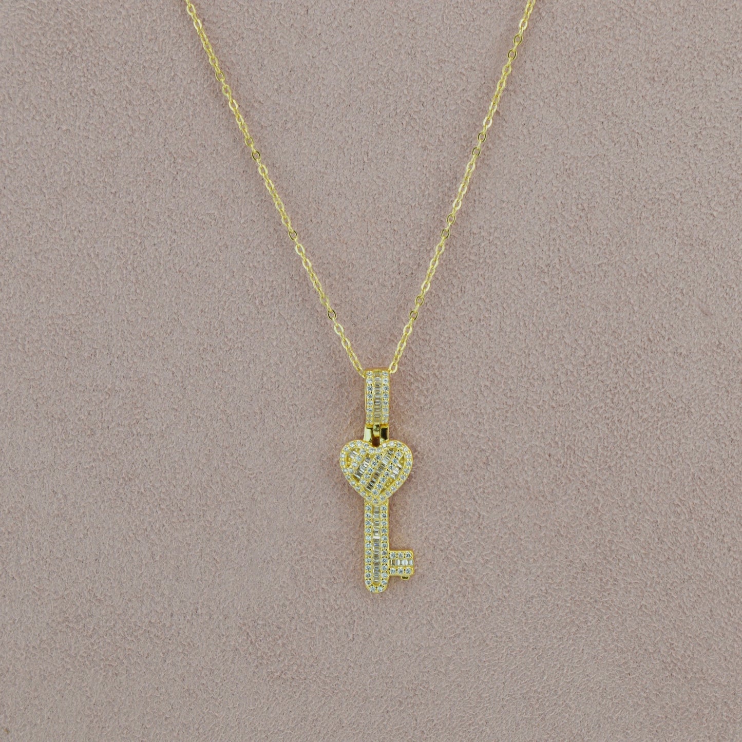 18K Gold Plated Over 925 Sterling Silver Heart Key CZ Necklace
