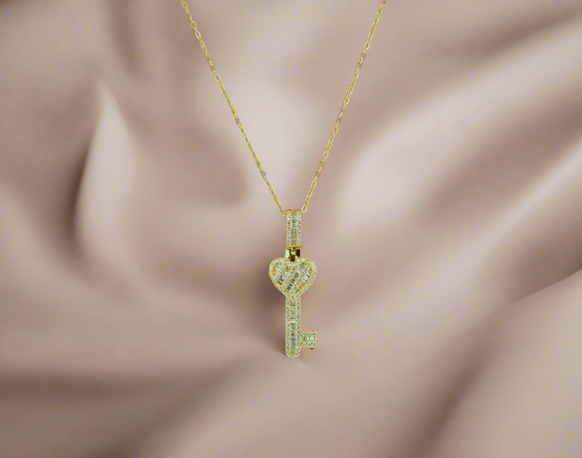 18K Gold Plated Over 925 Sterling Silver Heart Key CZ Necklace