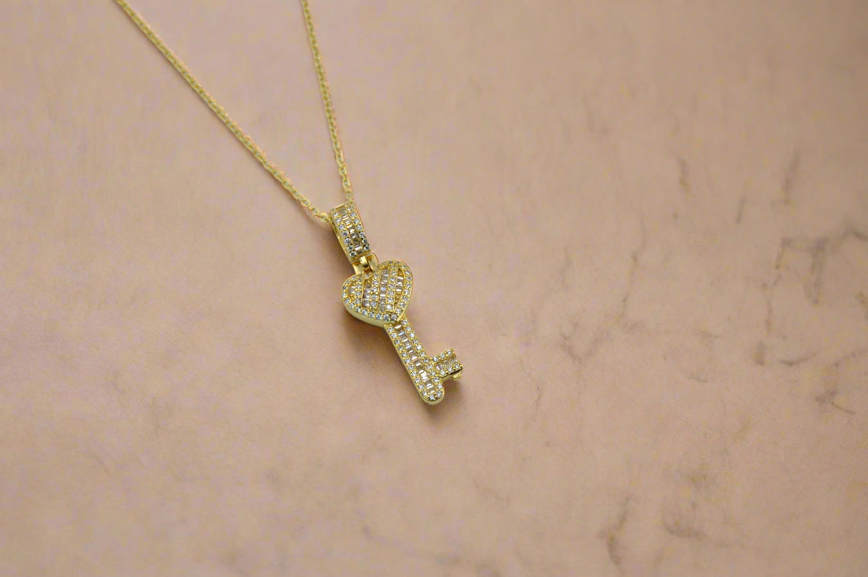 18K Gold Plated Over 925 Sterling Silver Heart Key CZ Necklace