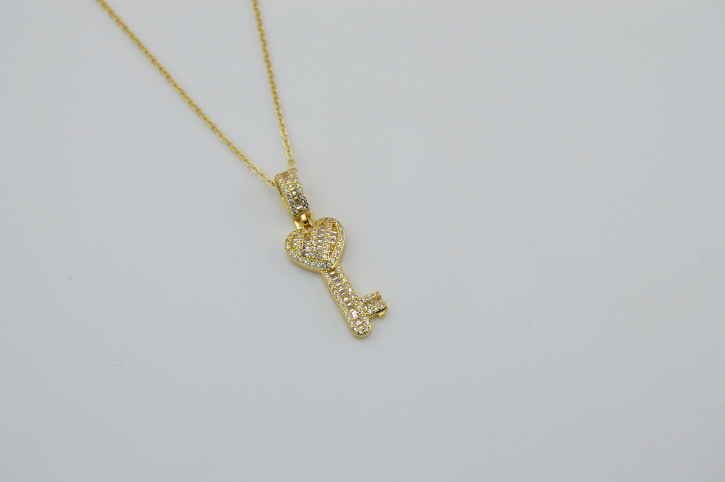 18K Gold Plated Over 925 Sterling Silver Heart Key CZ Necklace