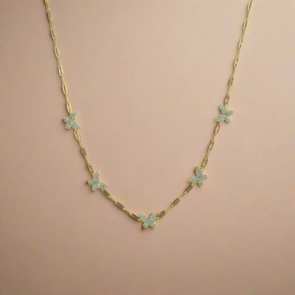 18K Gold Plated Over 925 Sterling Silver Dainty Butterfly CZ Link Necklace
