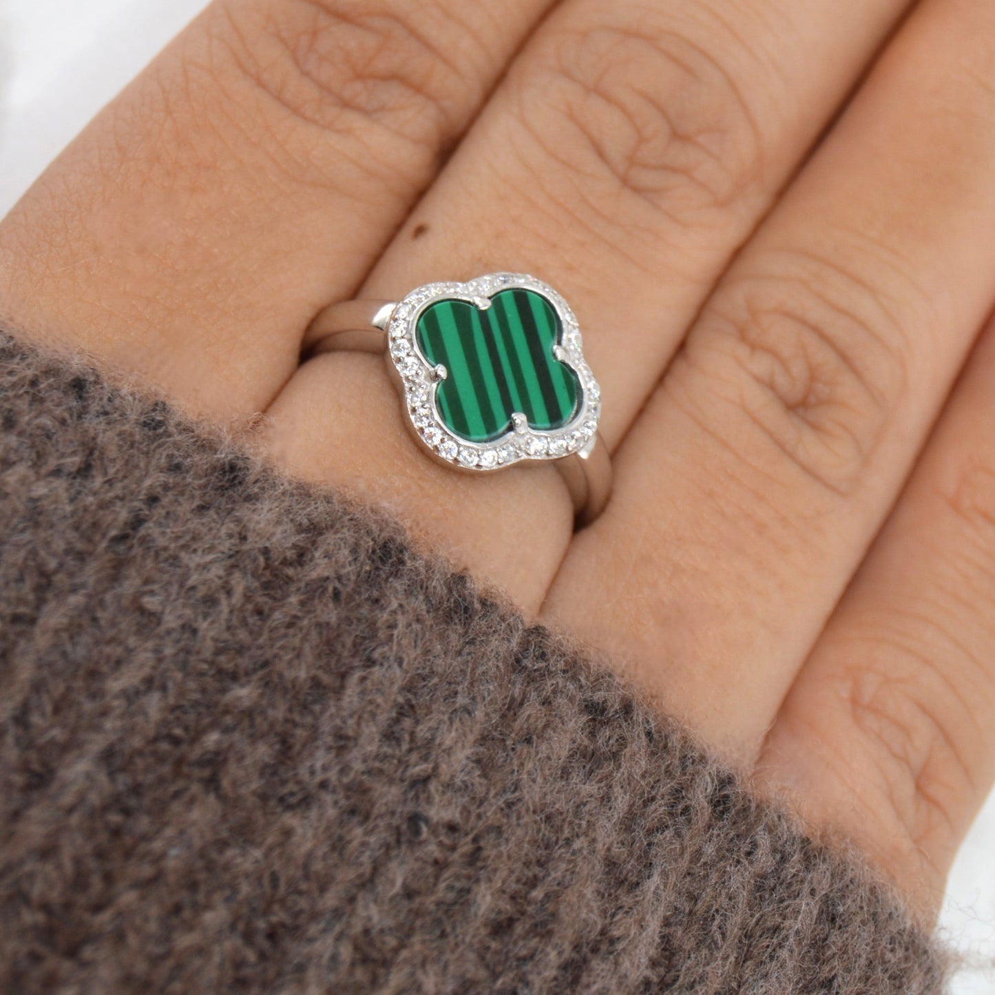 925 Sterling Silver Green Malachite Clover Ring