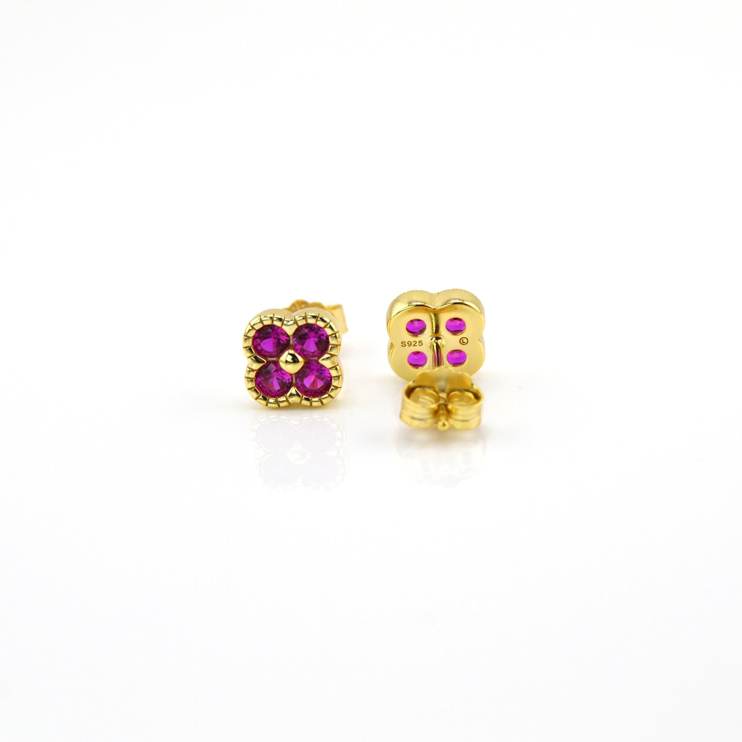 18K Gold Over 925 Sterling Silver Dainty Four Leaf Clover Fushia CZ Stud Earrings