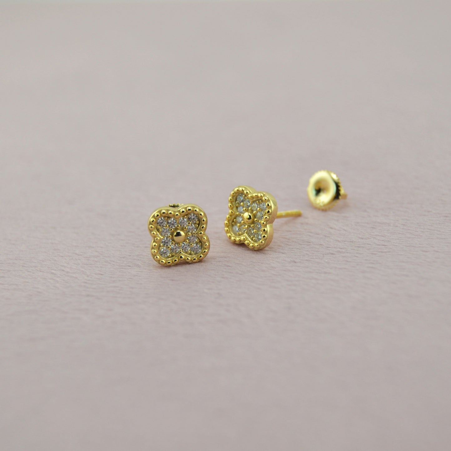 18K Gold Plated Over 925 Sterling Silver Moissanite Clover Stud Earrings