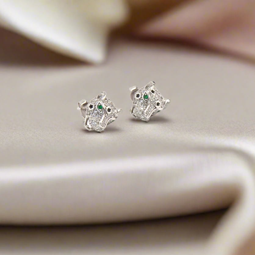 925 Sterling Silver Leopard/ Panter Green Eyed CZ Stud Earrings