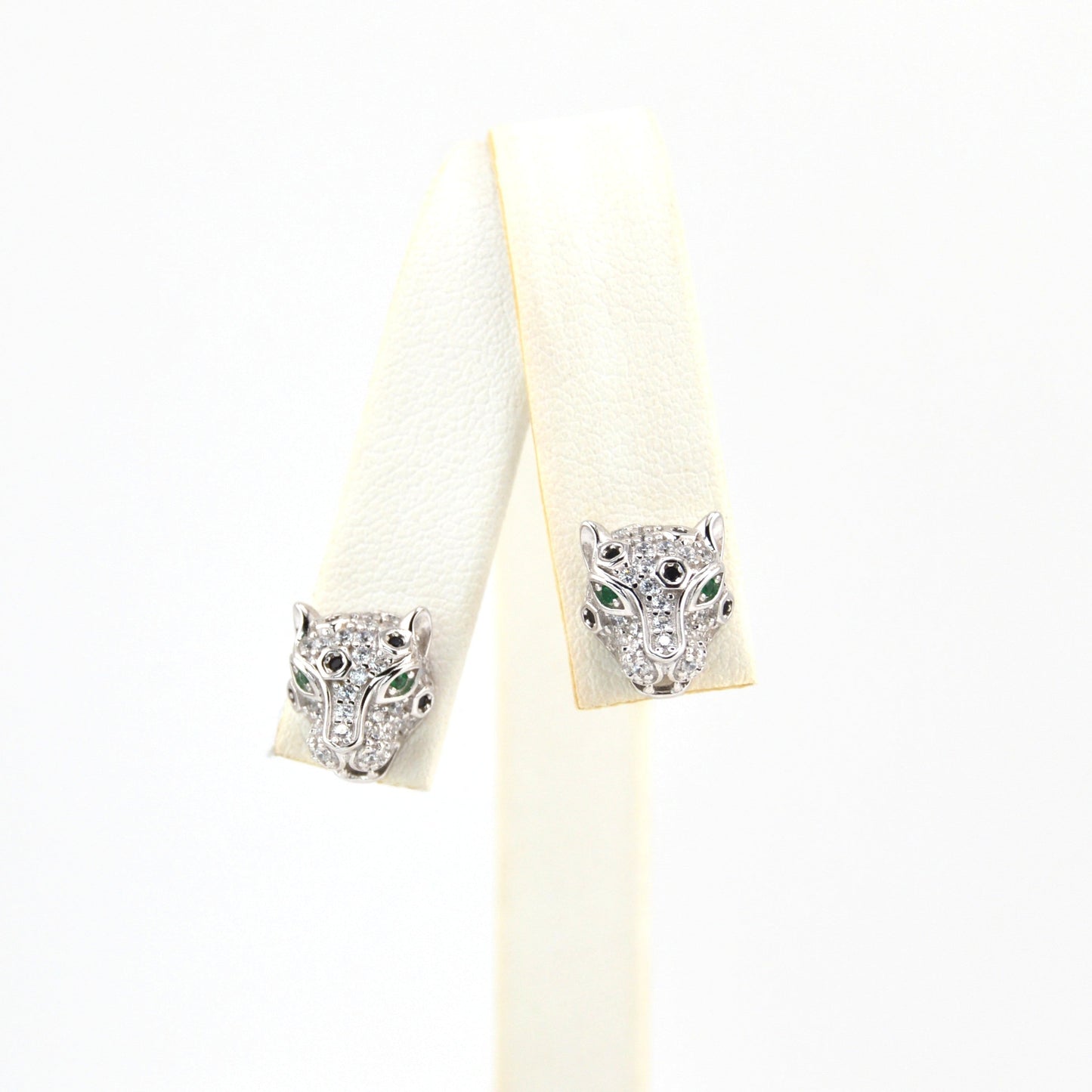 925 Sterling Silver Leopard/ Panter Green Eyed CZ Stud Earrings