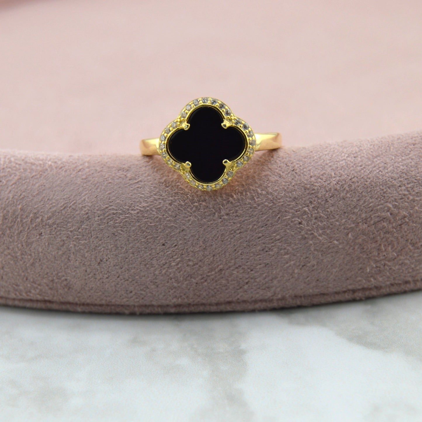 18K Gold Plated over 925 Sterling Silver Black Clover Ring