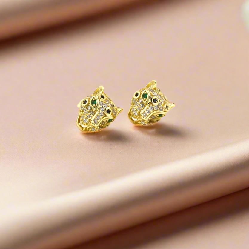 925 Sterling Silver Leopard/ Panter Green Eyed CZ Stud Earrings