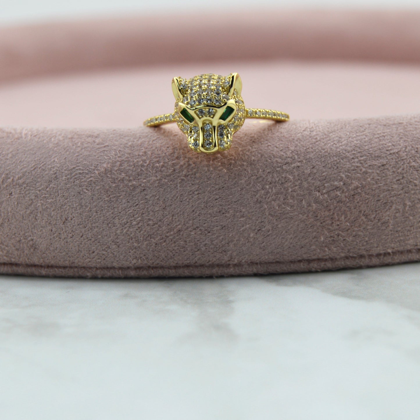 925 Sterling Silver Panther/Leopard with Green Eyes Ring