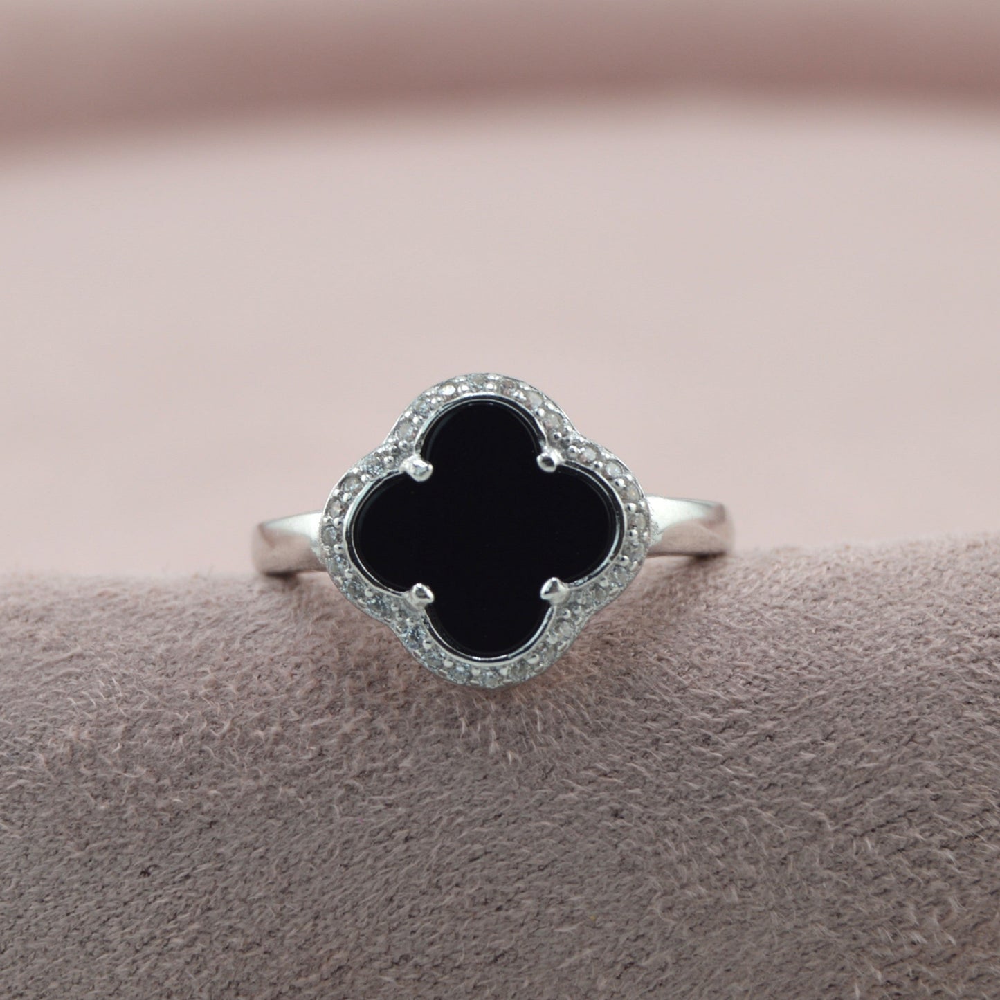 925 Sterling Silver Black Clover Ring
