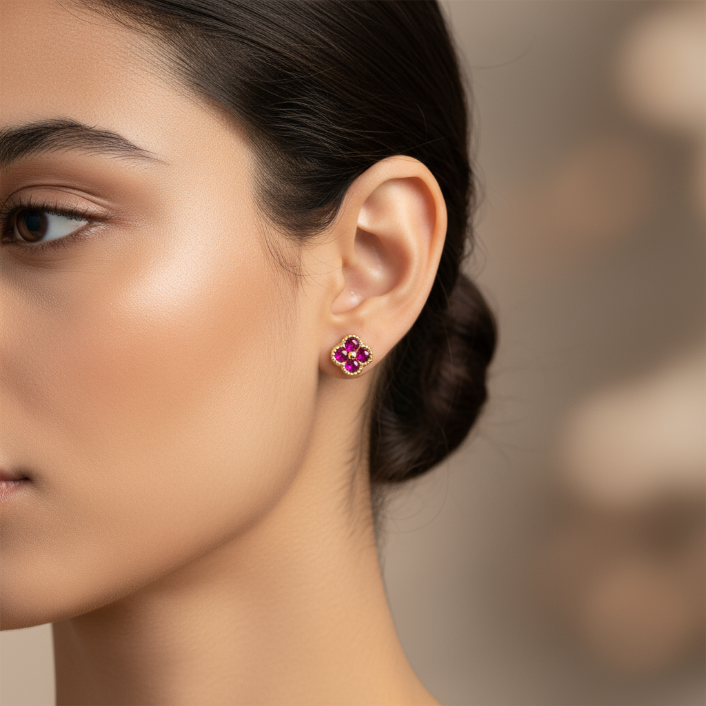 18K Gold Over 925 Sterling Silver Dainty Four Leaf Clover Fushia CZ Stud Earrings