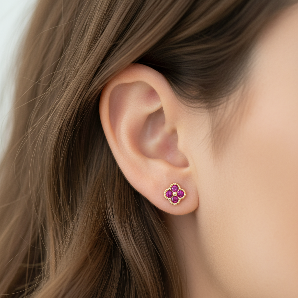 18K Gold Over 925 Sterling Silver Dainty Four Leaf Clover Fushia CZ Stud Earrings