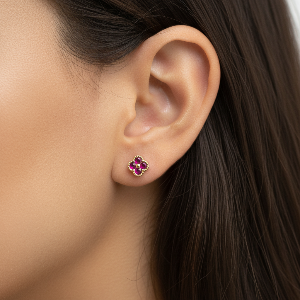 18K Gold Over 925 Sterling Silver Dainty Four Leaf Clover Fushia CZ Stud Earrings
