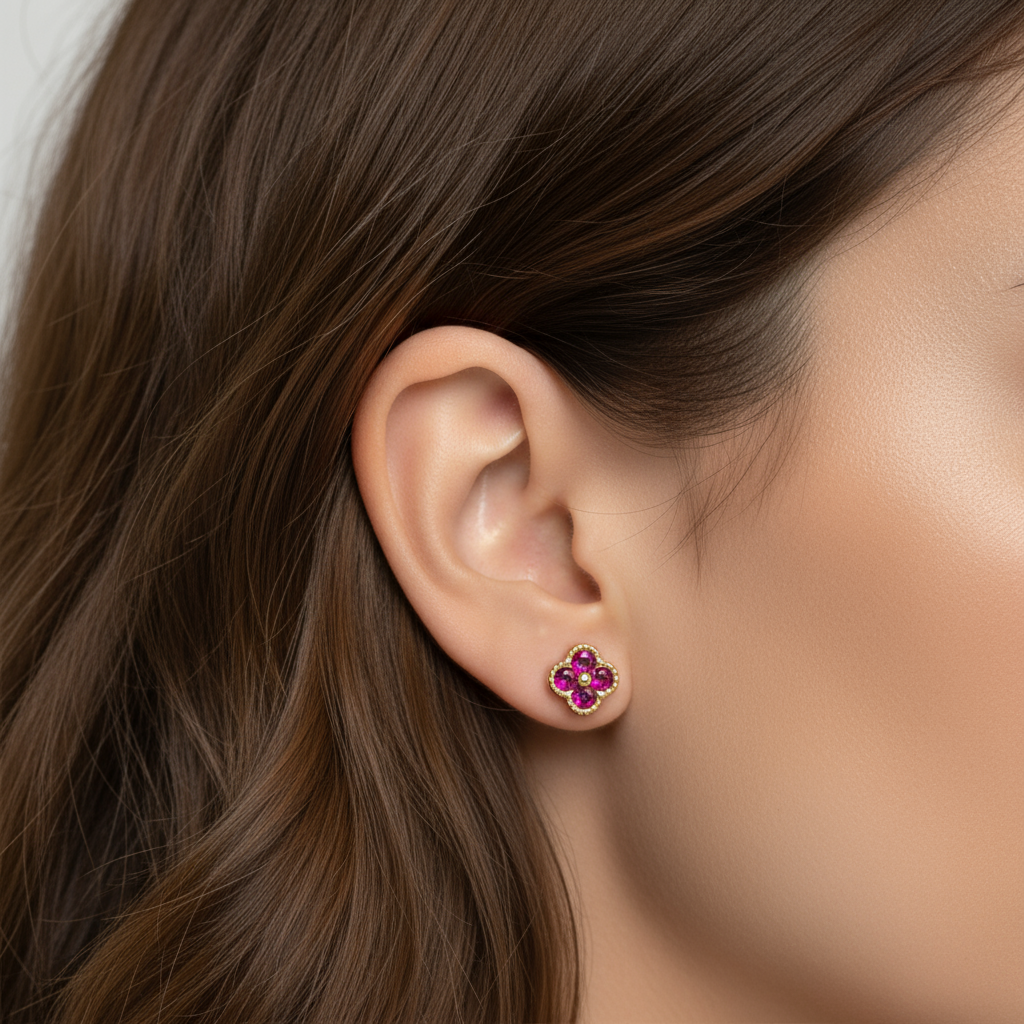 18K Gold Over 925 Sterling Silver Dainty Four Leaf Clover Fushia CZ Stud Earrings