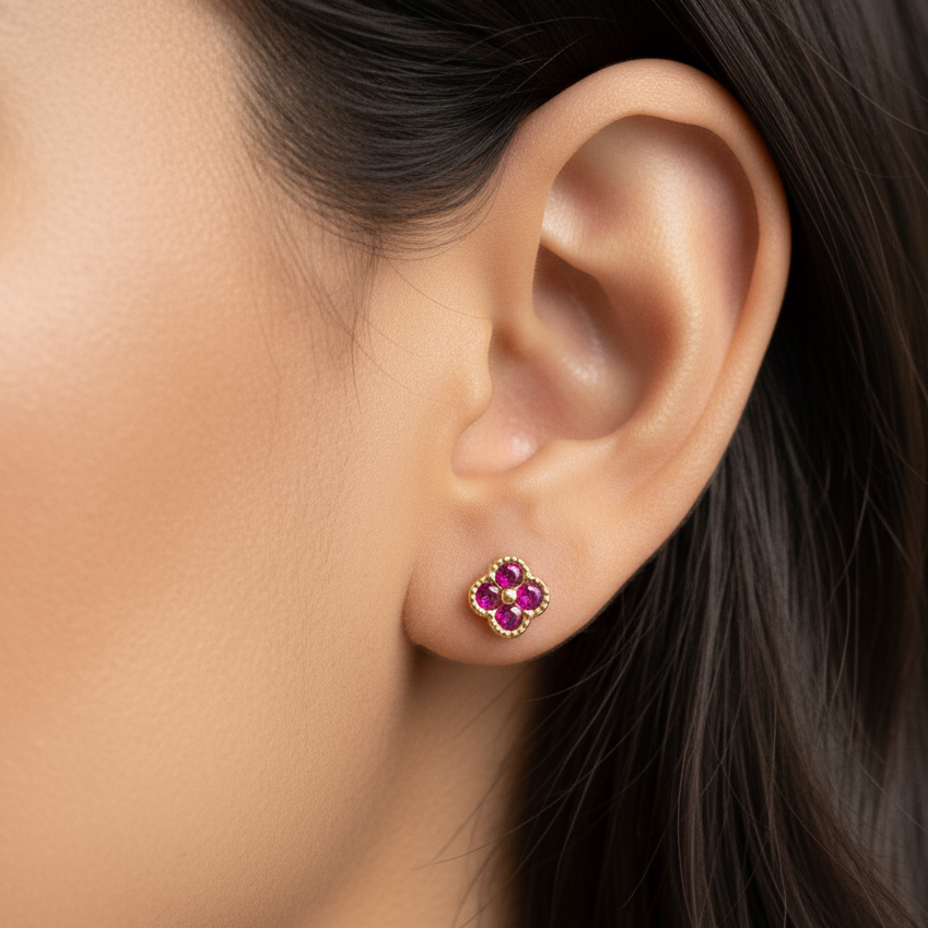 18K Gold Over 925 Sterling Silver Dainty Four Leaf Clover Fushia CZ Stud Earrings