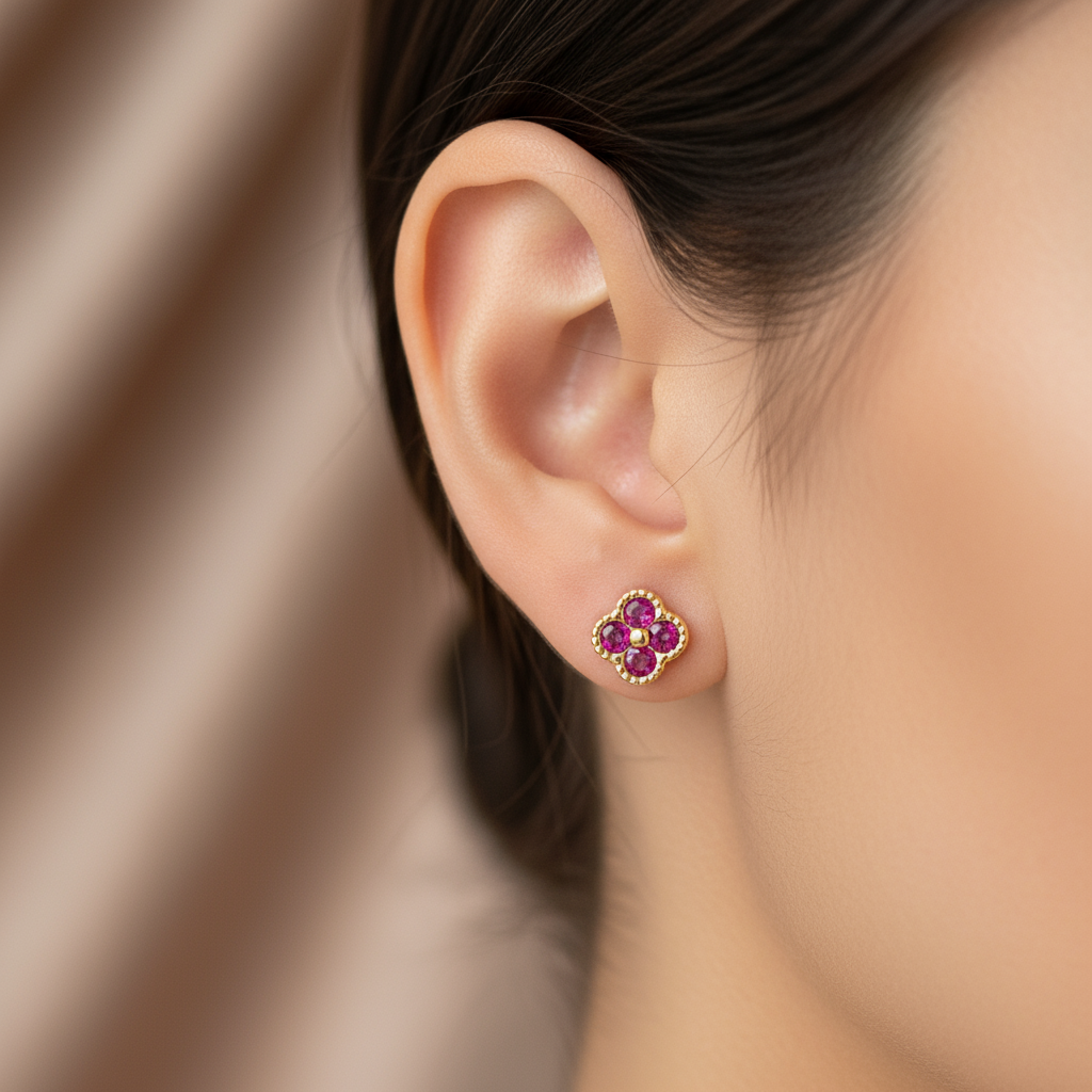 18K Gold Over 925 Sterling Silver Dainty Four Leaf Clover Fushia CZ Stud Earrings