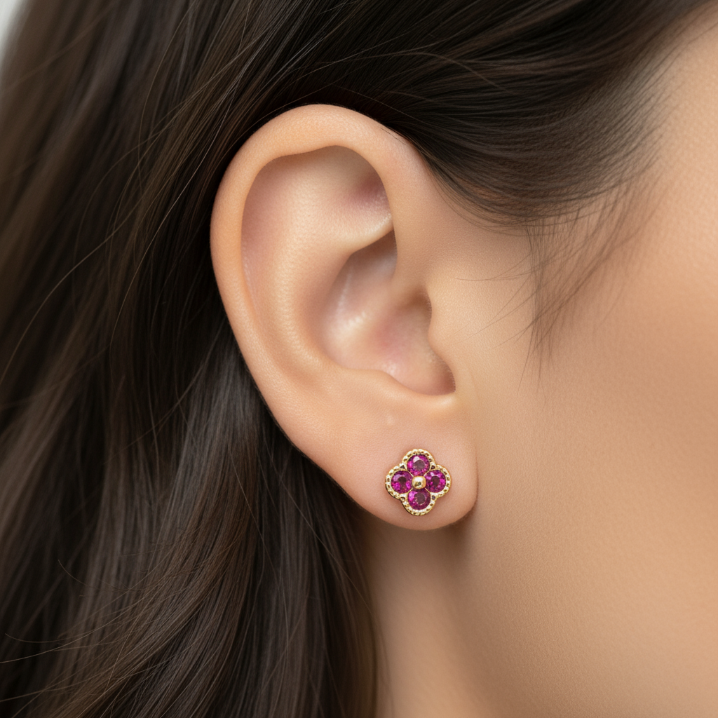 18K Gold Over 925 Sterling Silver Dainty Four Leaf Clover Fushia CZ Stud Earrings