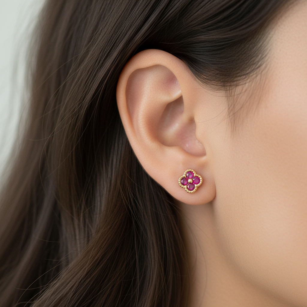 18K Gold Over 925 Sterling Silver Dainty Four Leaf Clover Fushia CZ Stud Earrings
