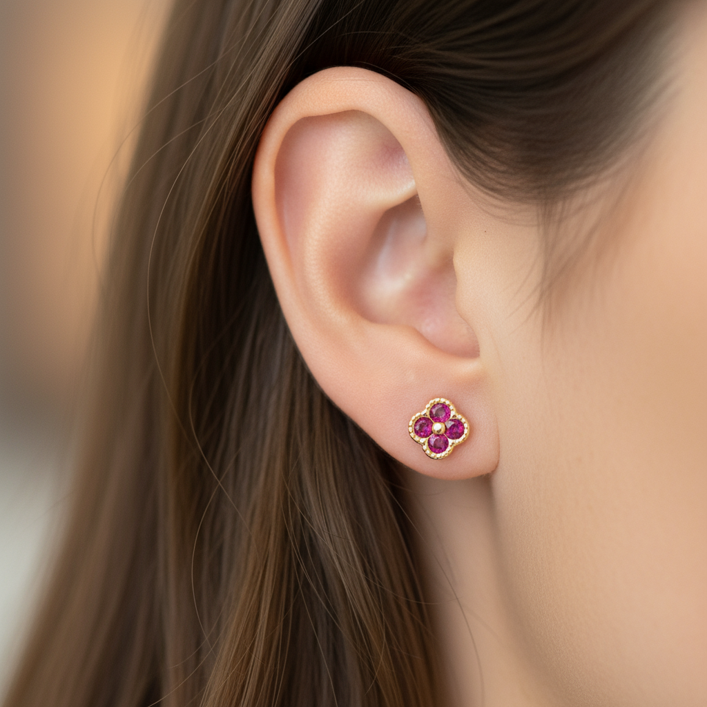18K Gold Over 925 Sterling Silver Dainty Four Leaf Clover Fushia CZ Stud Earrings
